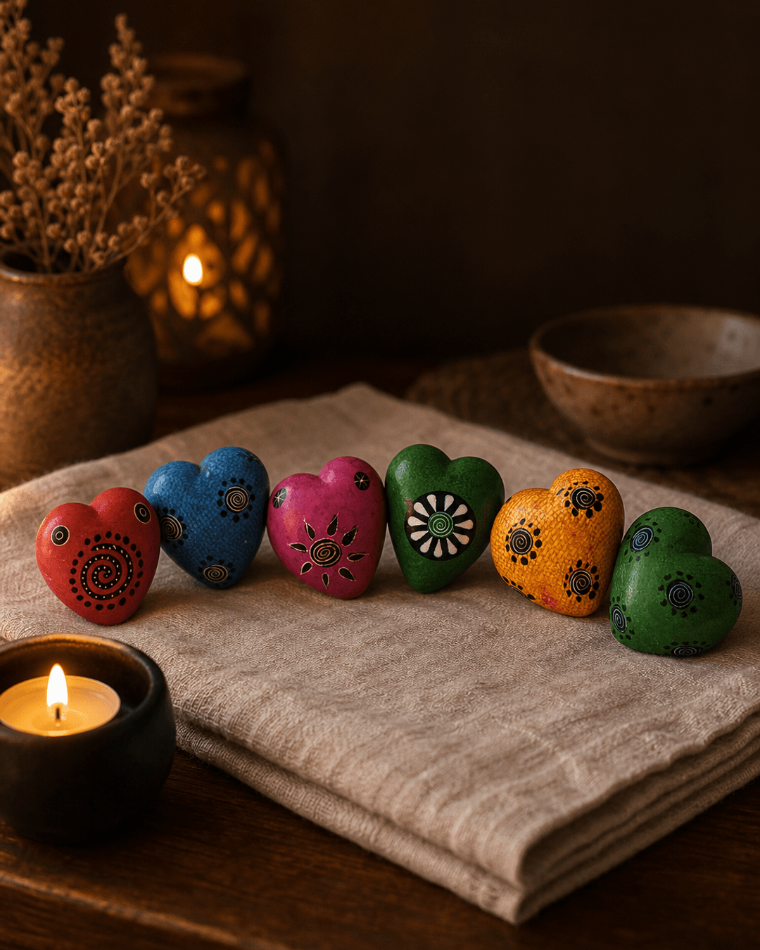 Hand-Carved Soapstone Hearts Set of 6 — Etched Multicolor Decorative Stone Tokens, 2 Inch - Home Decor