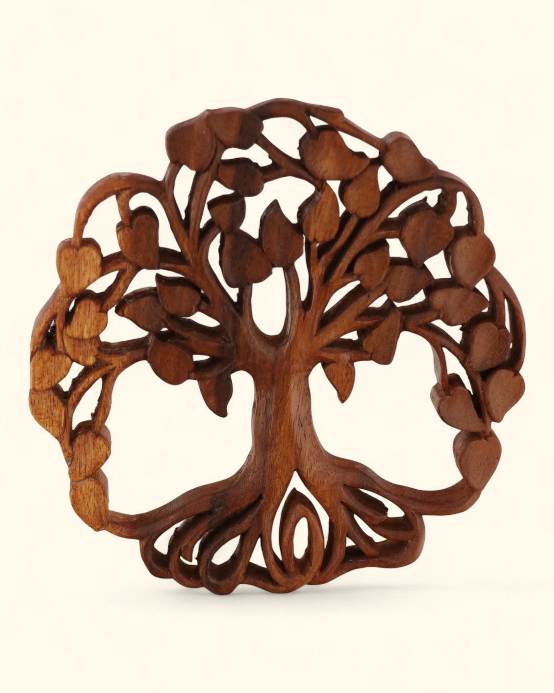 Hand - Carved Tree of Life Wall Art – Balinese Wood Wall Hanging with Heart Leaves - Wall Art 8" Diameter