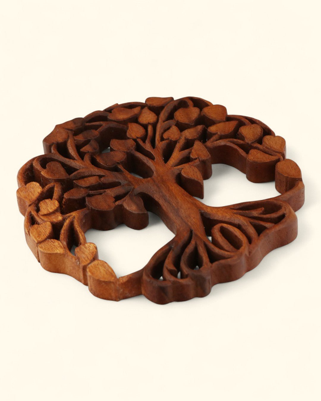 Hand - Carved Tree of Life Wall Art – Balinese Wood Wall Hanging with Heart Leaves - Wall Art 8" Diameter