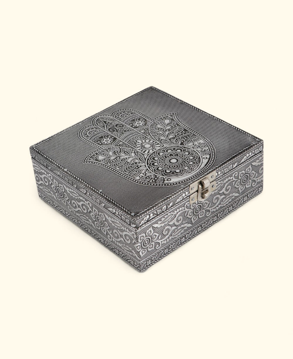 Handcrafted Hamsa Mala, Jewelry Box Metal Keepsake Storage with Velvet Lining - Jewelry Boxes