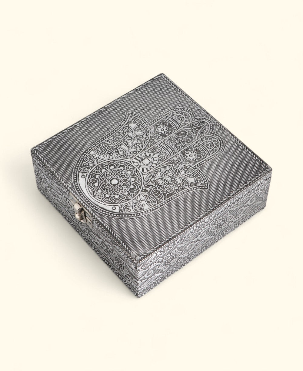 Handcrafted Hamsa Mala, Jewelry Box Metal Keepsake Storage with Velvet Lining - Jewelry Boxes