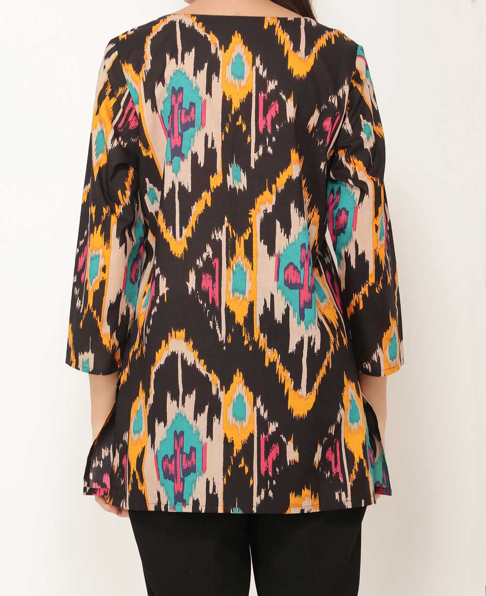 Ikat Inspired Printed Cotton Tunic Top - Apparel S
