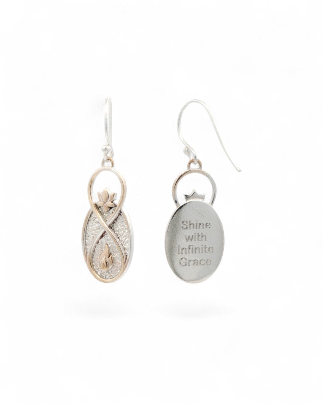 Infinite Lotus drop earrings front and back view, reverse side engraved with the phrase Shine with Infinite Grace