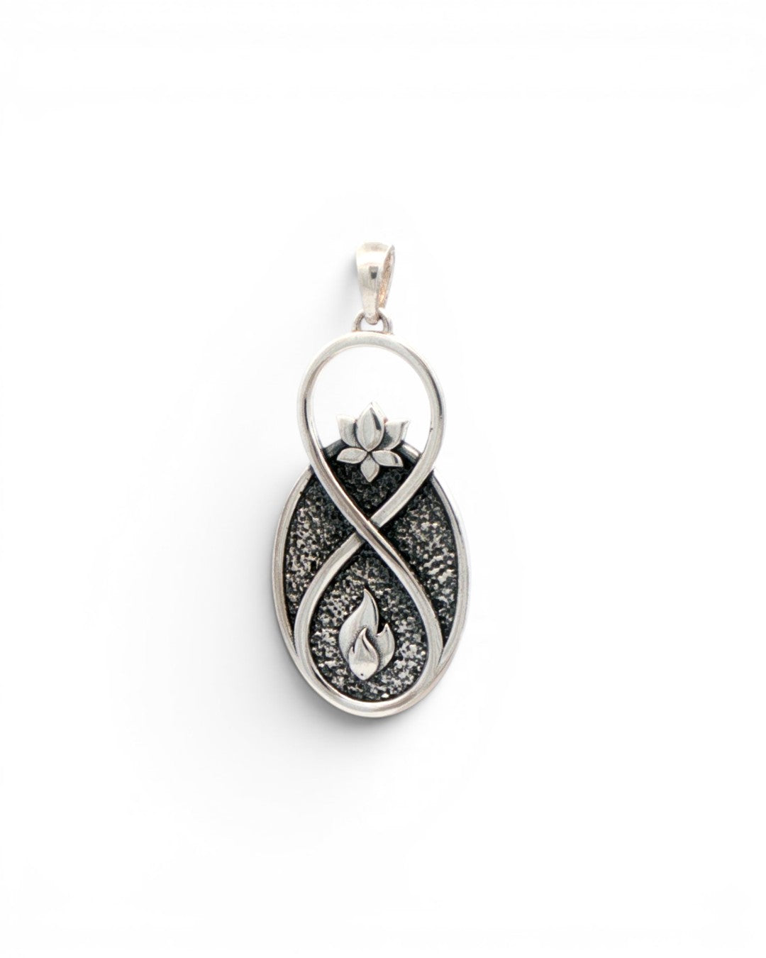 Infinite Lotus Flame Pendant silver-plated charm, close detail view on white background highlighting the lotus blossom and flame relief carvings