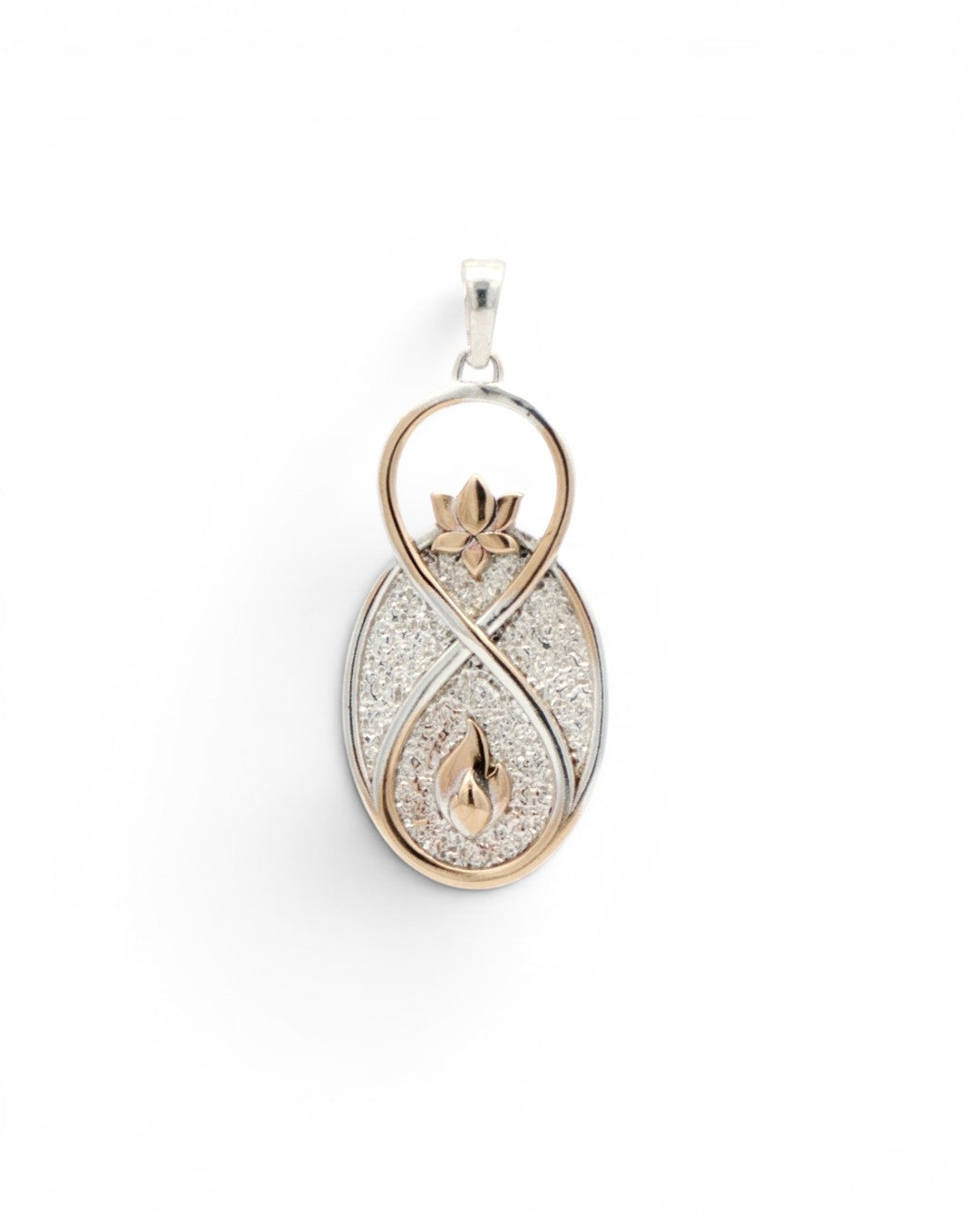 Infinite Lotus & Flame Pendant in three-quarter view on white background, highlighting the raised gold lotus and flame details