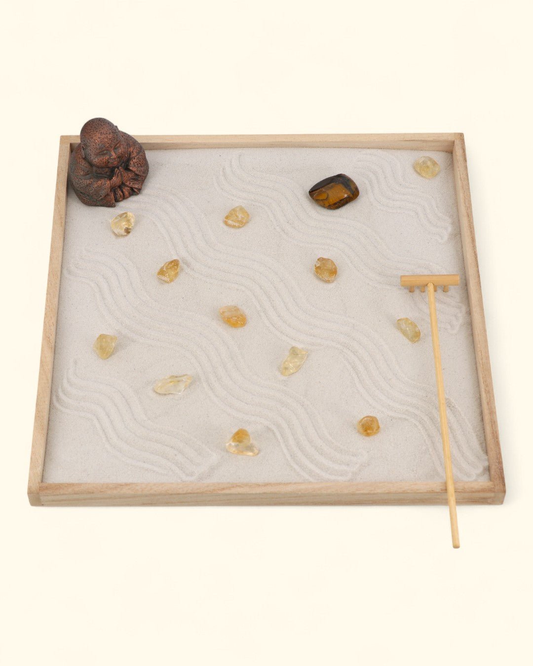 Joy & Luck Zen Garden – Buddha Statue with Citrine, Tiger’s Eye, White Sand & Rake - Home & Garden