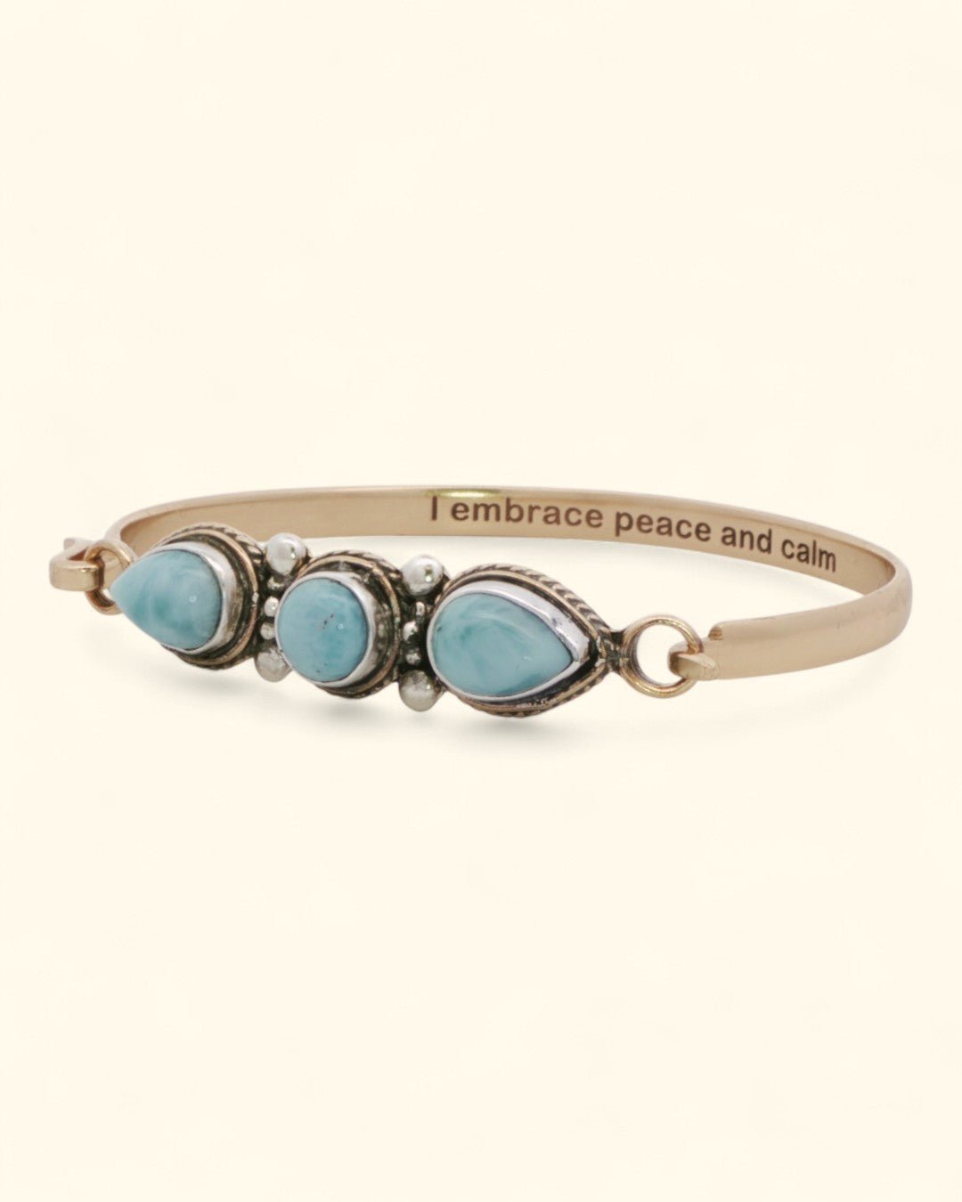 Larimar Gemstone Bracelet – Sterling & Bronze Cuff with "I Embrace Peace and Calm" Engraving - Bracelets