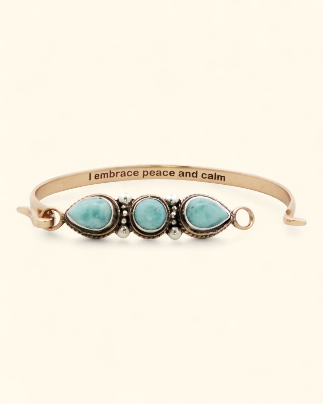 Larimar Gemstone Bracelet – Sterling & Bronze Cuff with "I Embrace Peace and Calm" Engraving - Bracelets
