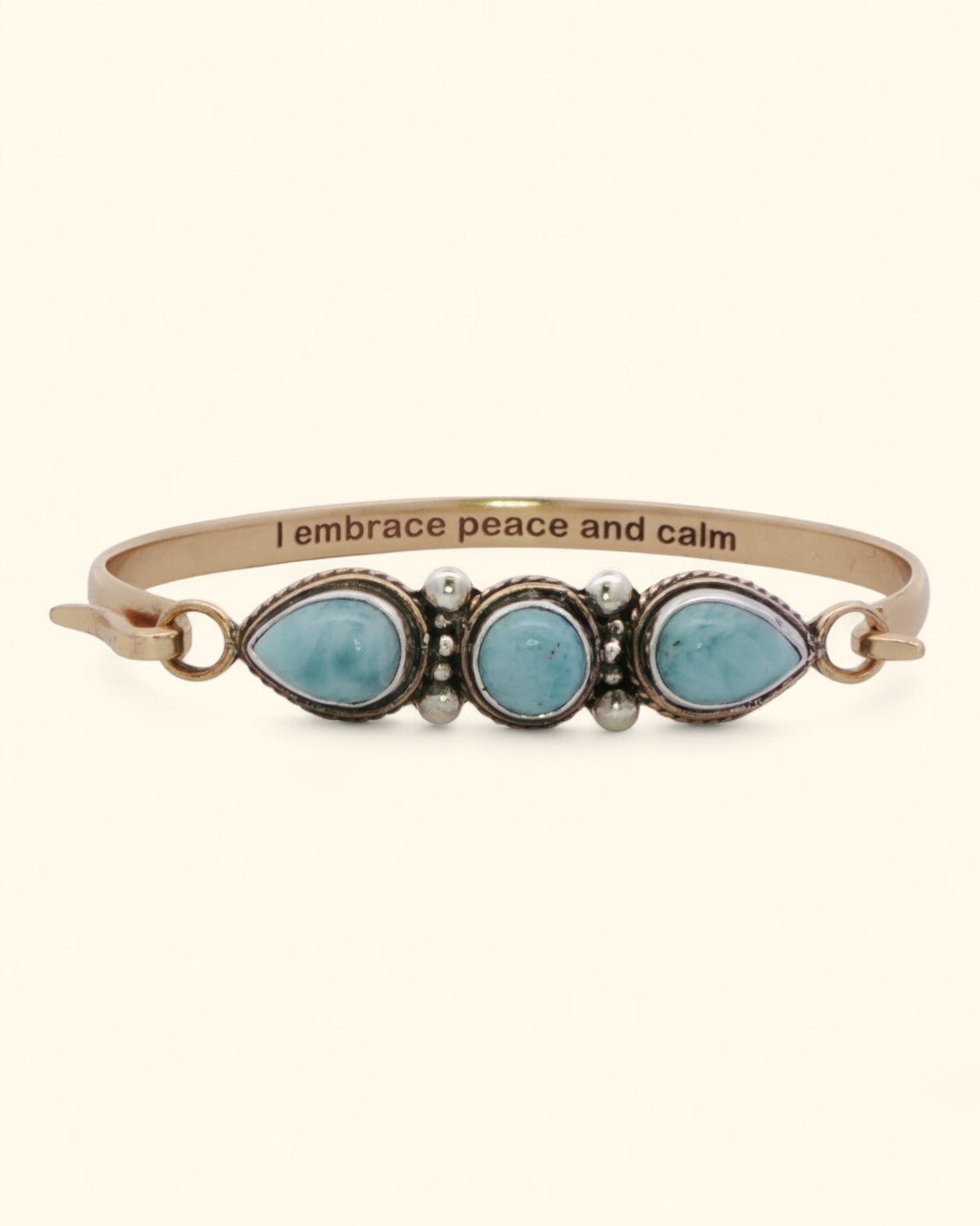 Larimar Gemstone Bracelet – Sterling & Bronze Cuff with "I Embrace Peace and Calm" Engraving - Bracelets