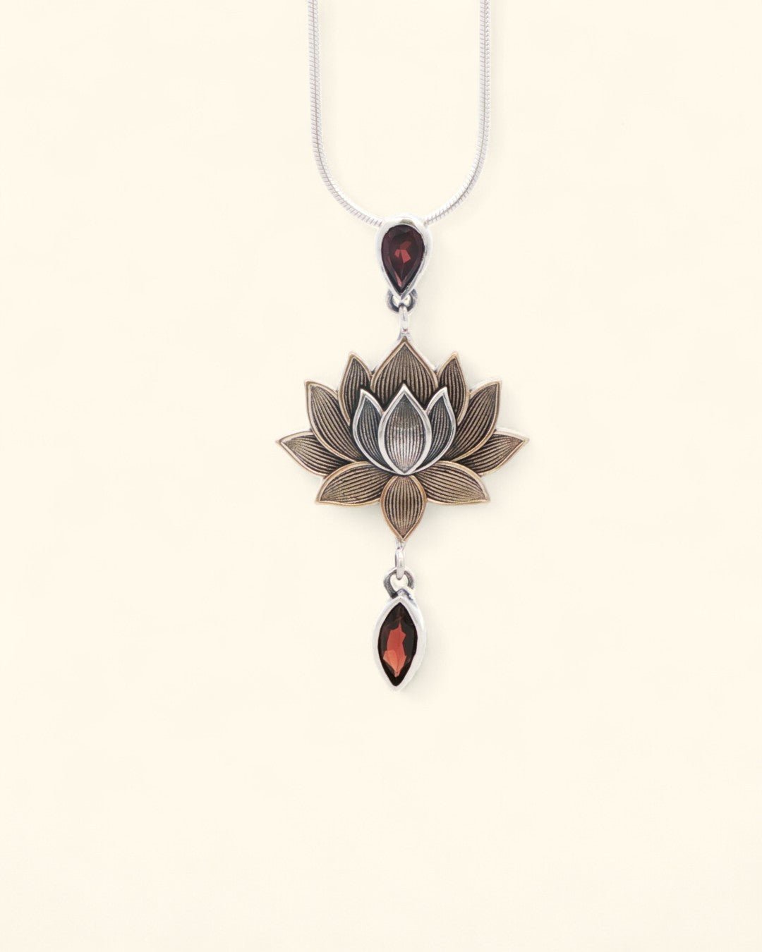 Lotus Bloom Dangle Pendant – Sterling Silver, Bronze & Garnet Gemstone Necklace - Pendants