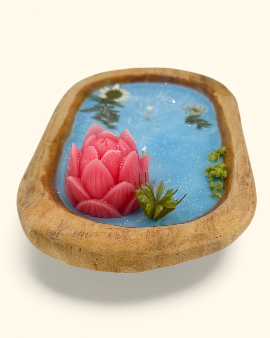 Lotus Bloom Dough Bowl Candle in Natural Wood - Candles