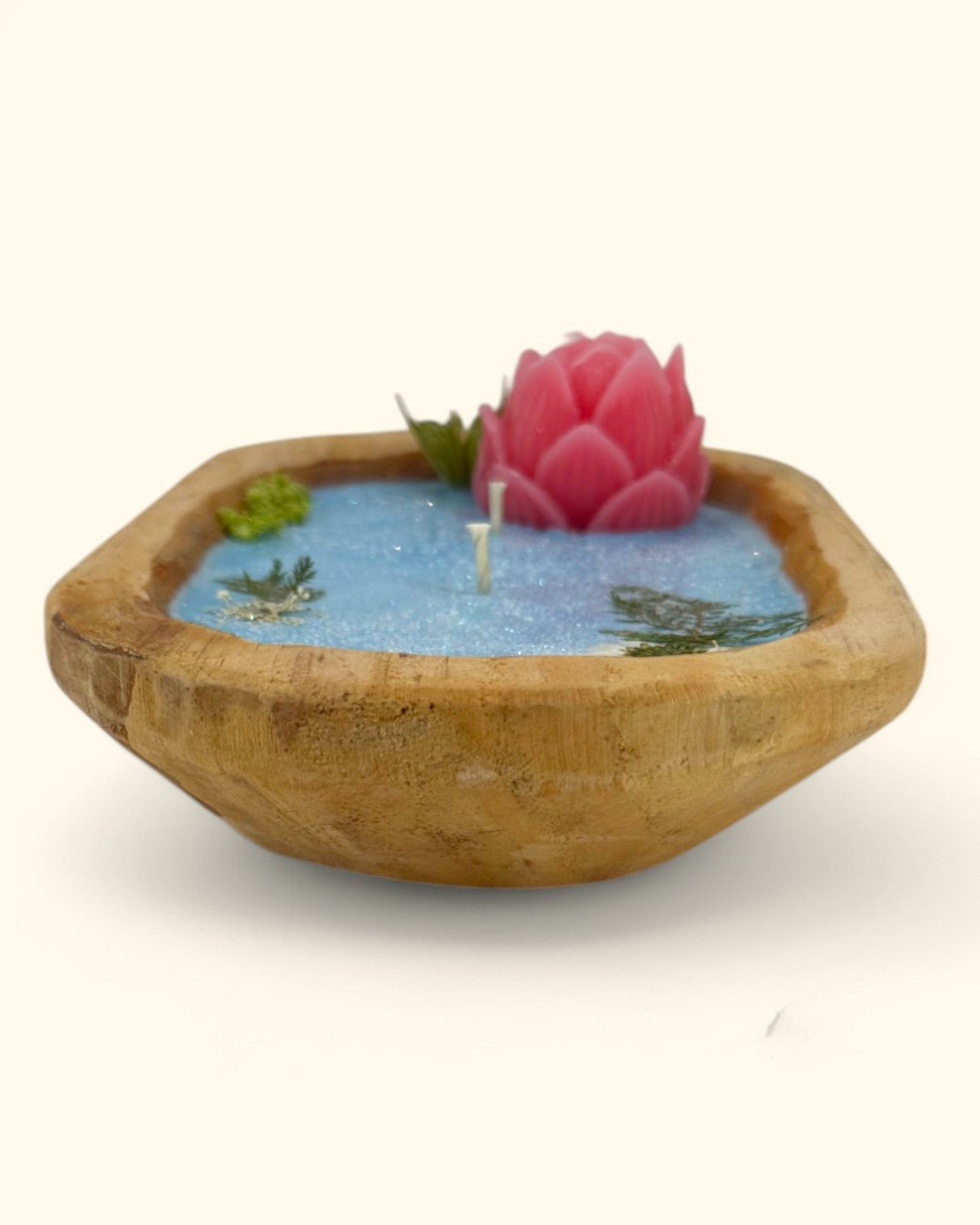 Lotus Bloom Dough Bowl Candle in Natural Wood - Candles