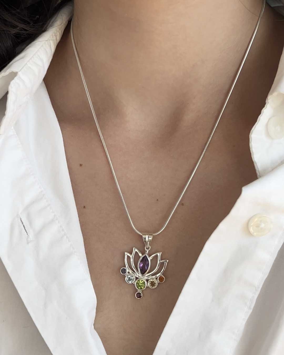 Lotus Gemstone Chakra Pendant, Sterling Silver - Charms & Pendants