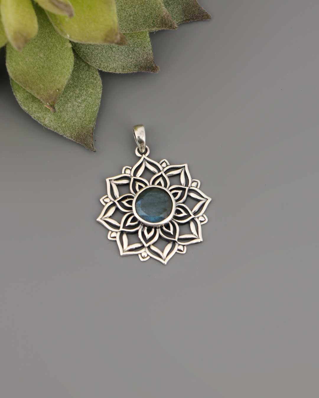 Lotus Mandala Pendant with Labradorite Gemstone – Sacred Symbol of Intuition and Light - Pendant