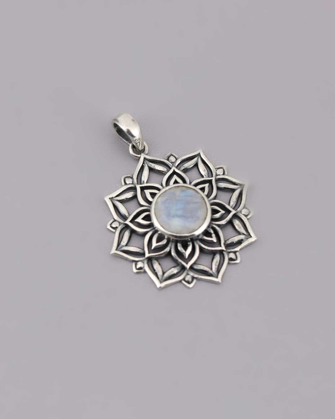 Lotus Mandala Pendant with Rainbow Moonstone Gemstone – Sacred Symbol of Calm - Pendant
