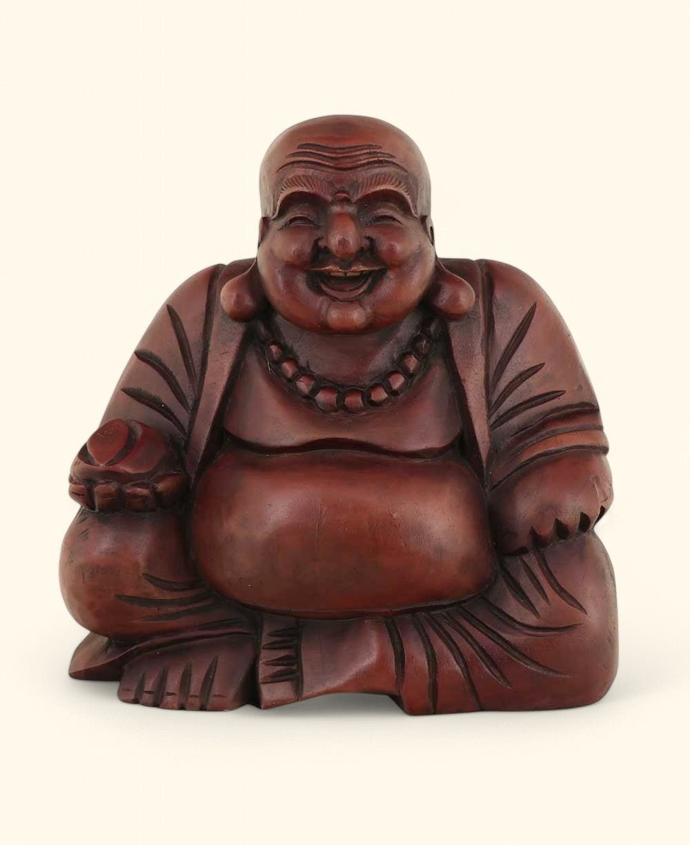 Mahogany Finish Sitting Happy Buddha Statue - Sculptures & Statues