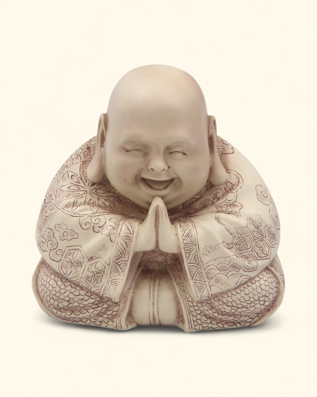 Majestic Praying Happy Buddha Statue - Sculptures & Statues Cream