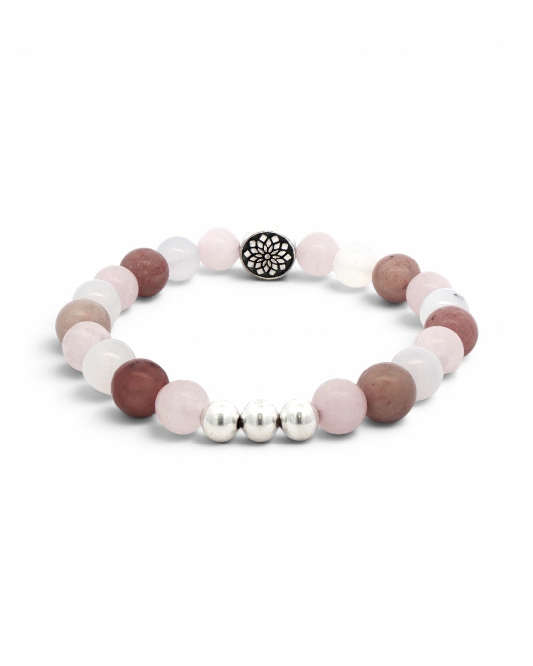 Mandala gemstone stretch bracelet angled side view on white, three silver accent beads at front, full ring of mixed pink gemstone beads