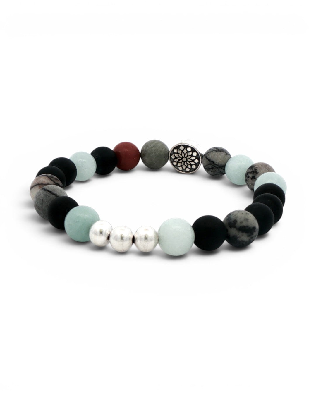 Mandala gemstone stretch bracelet angled side view showing silver accent beads, onyx, chalcedony and red jasper