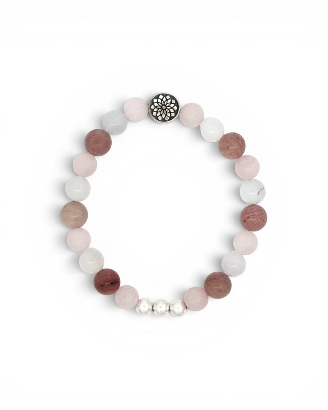 Mandala Gemstone Stretch Bracelet — Rose Quartz, Rhodochrosite & Chalcedony Beads - Bracelet