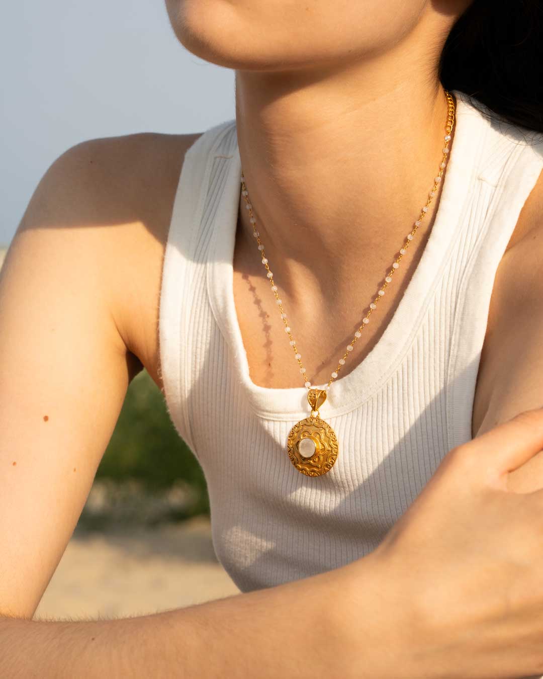 Mandala Necklace with Rainbow Moonstone Gemstone – 18K Gold Plated - Necklaces