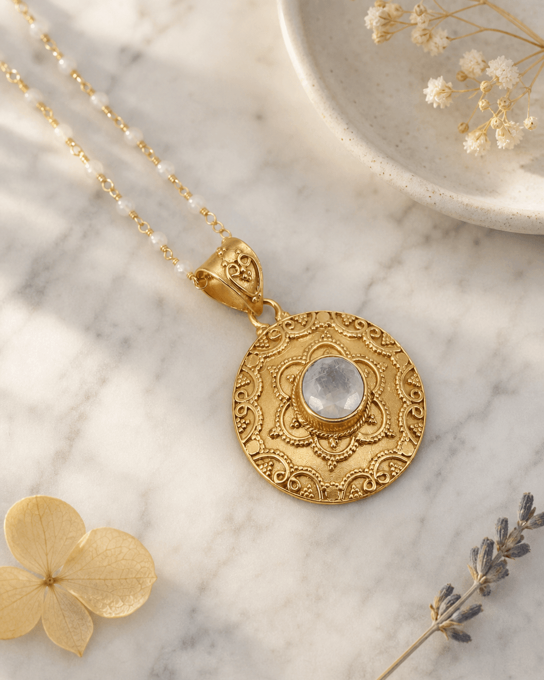 Mandala Necklace with Rainbow Moonstone Gemstone – 18K Gold Plated - Necklaces