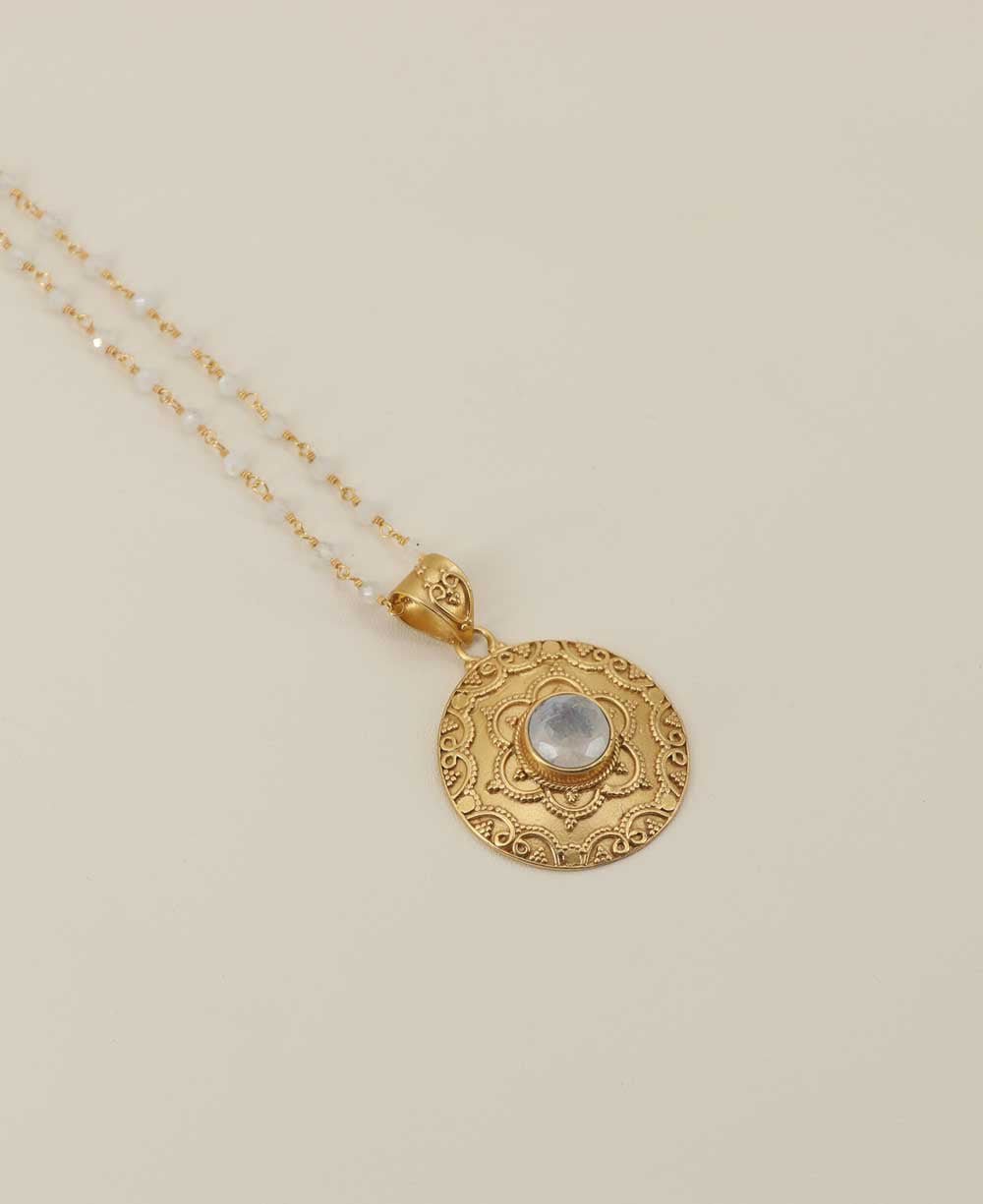 Mandala Necklace with Rainbow Moonstone Gemstone – 18K Gold Plated - Necklaces