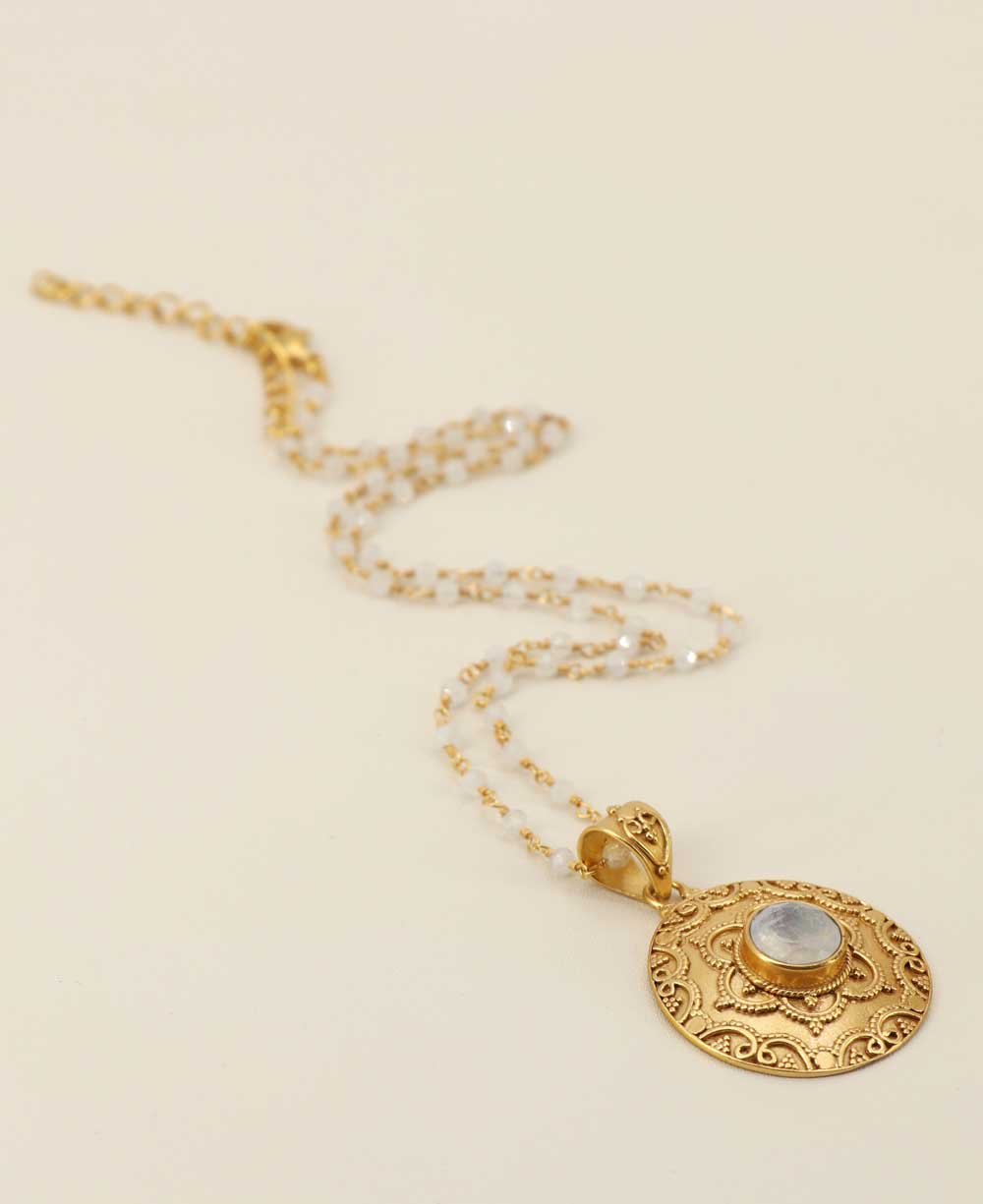 Mandala Necklace with Rainbow Moonstone Gemstone – 18K Gold Plated - Necklaces