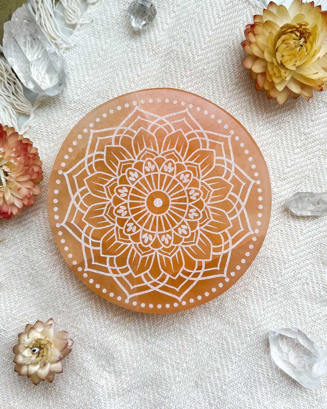 Mandala Selenite Charging Plate – Engraved Crystal Energy Cleanser - Rocks & Fossils