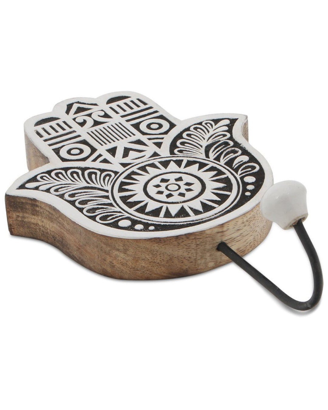 Mango Wood Block Print Design Hamsa Wall Hook - Hangers