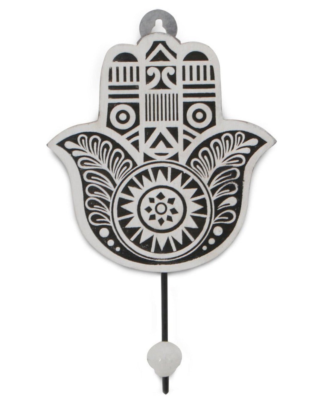 Mango Wood Block Print Design Hamsa Wall Hook - Hangers