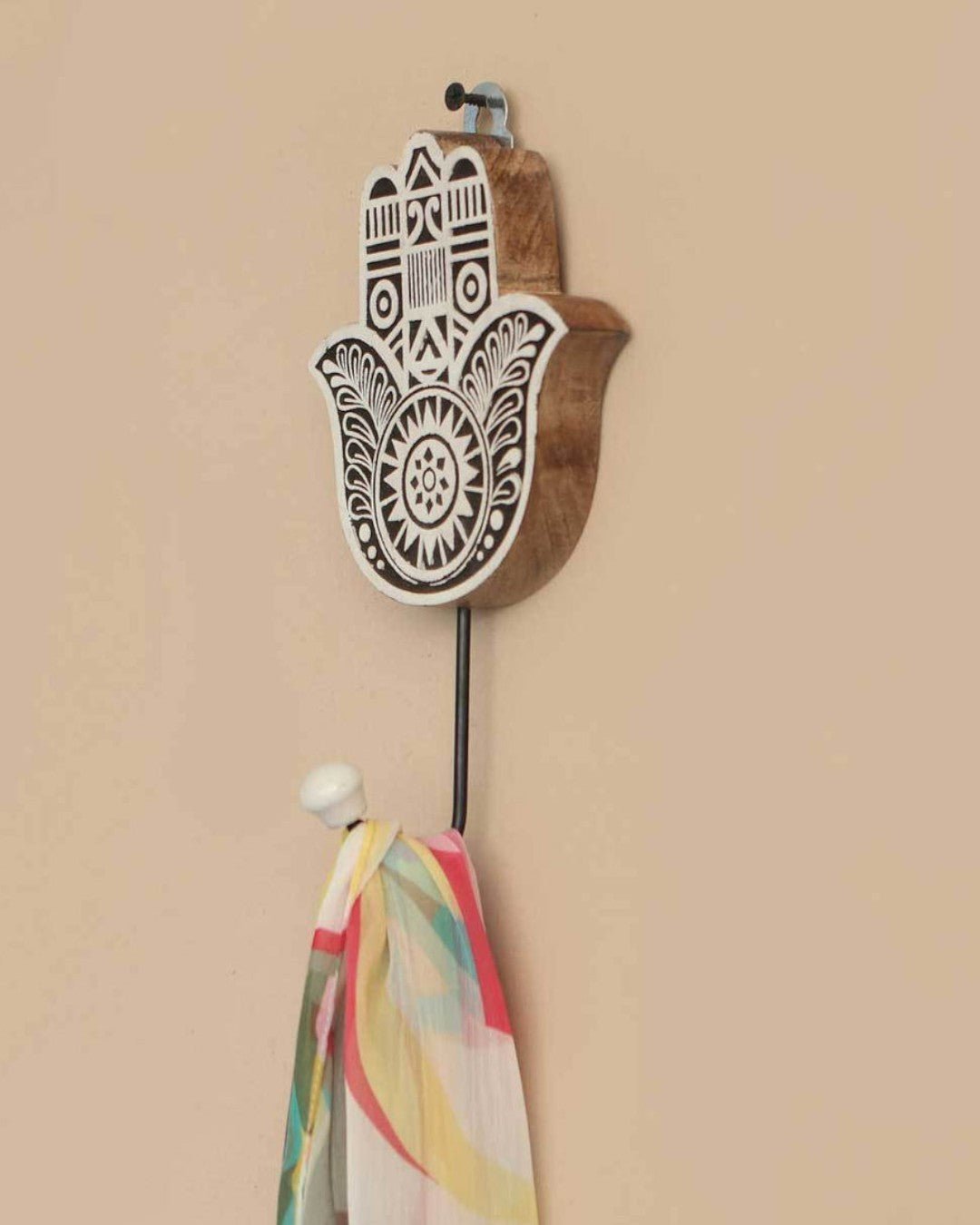 Mango Wood Block Print Design Hamsa Wall Hook - Hangers