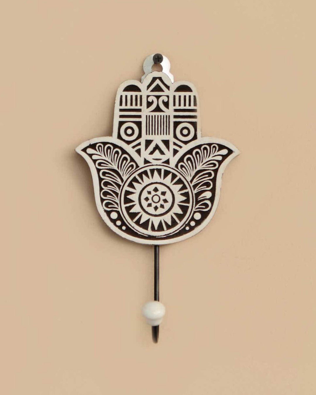 Mango Wood Block Print Design Hamsa Wall Hook - Hangers