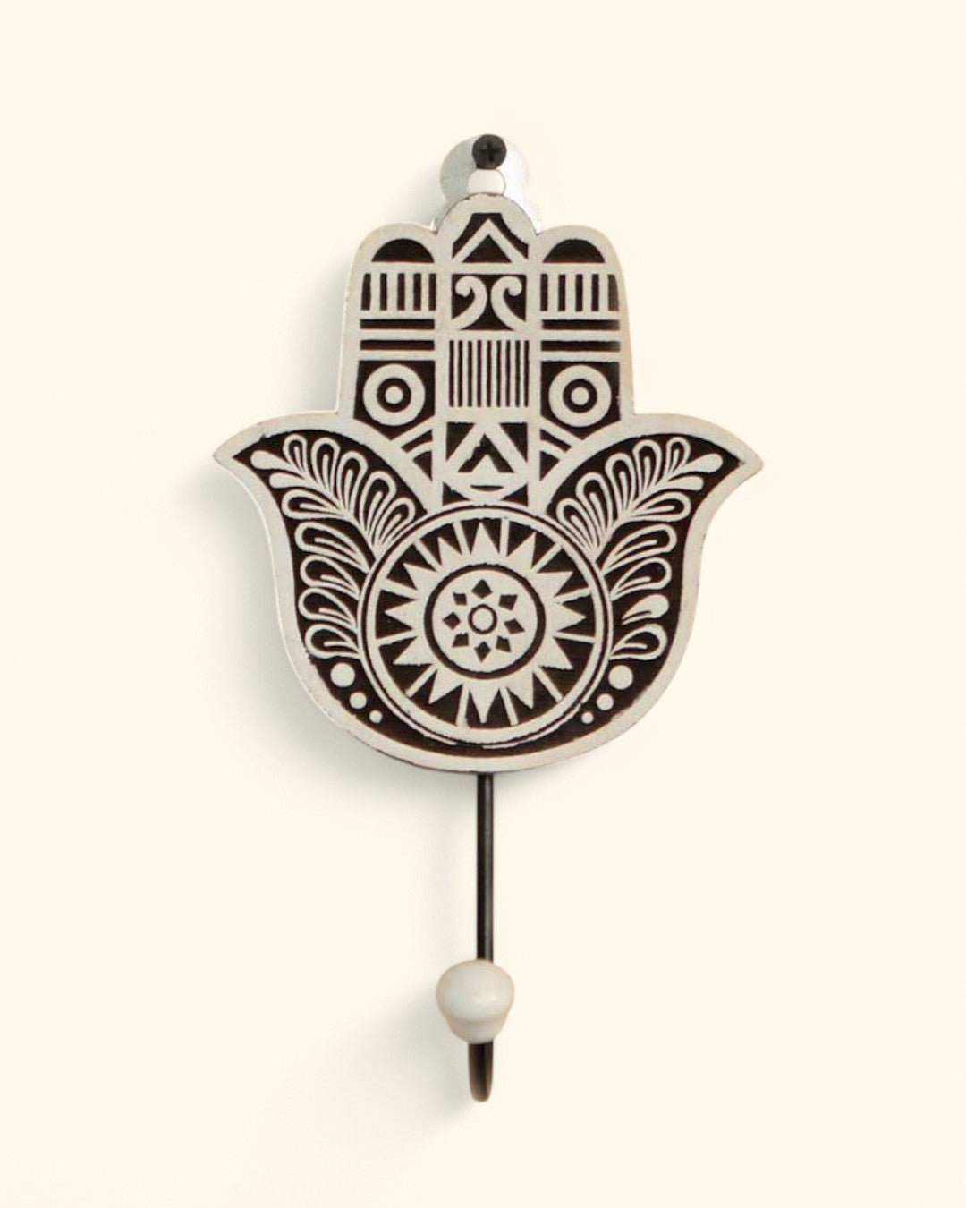 Mango Wood Block Print Design Hamsa Wall Hook - Hangers