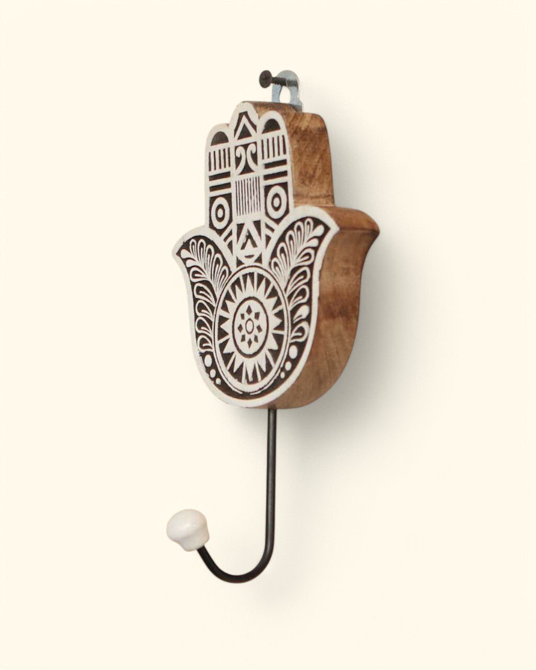 Mango Wood Block Print Design Hamsa Wall Hook - Hangers
