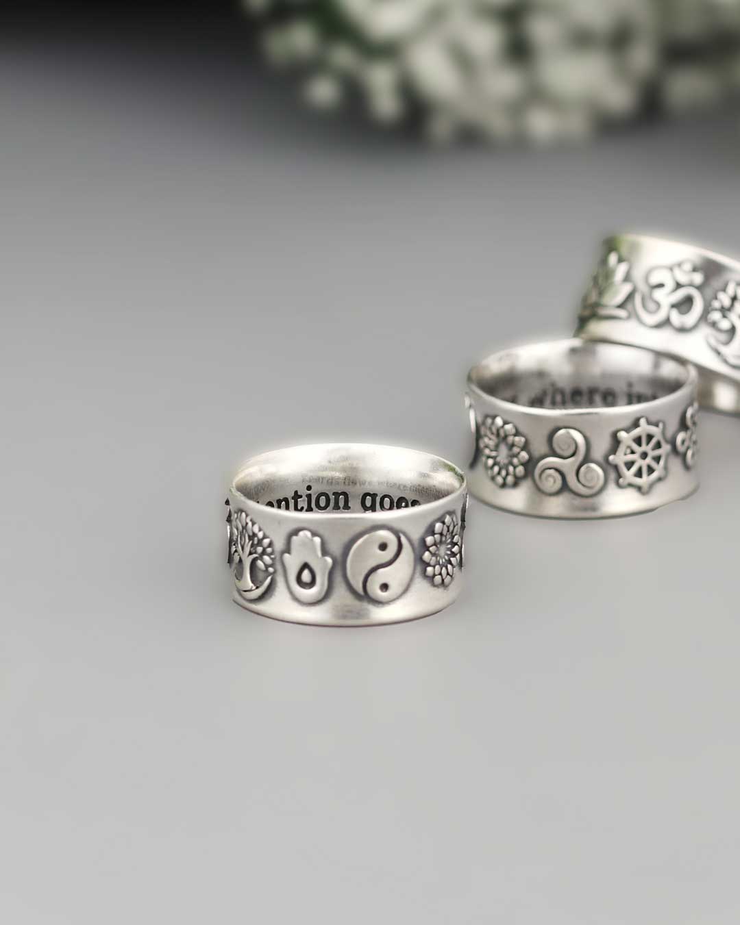 Meaningful Symbols Band Ring – Sterling Silver with Lotus, Om, Tree of Life, Hamsa, Yin Yang & More - Rings Size 6