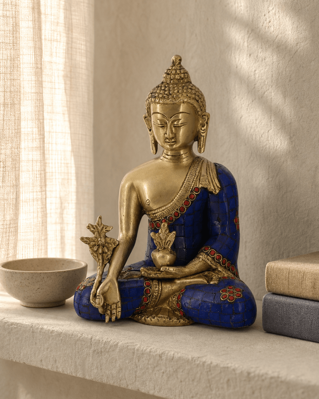 Brass mosaic Medicine Buddha statue with blue and gold detailing displayed on a shelf in soft morning light