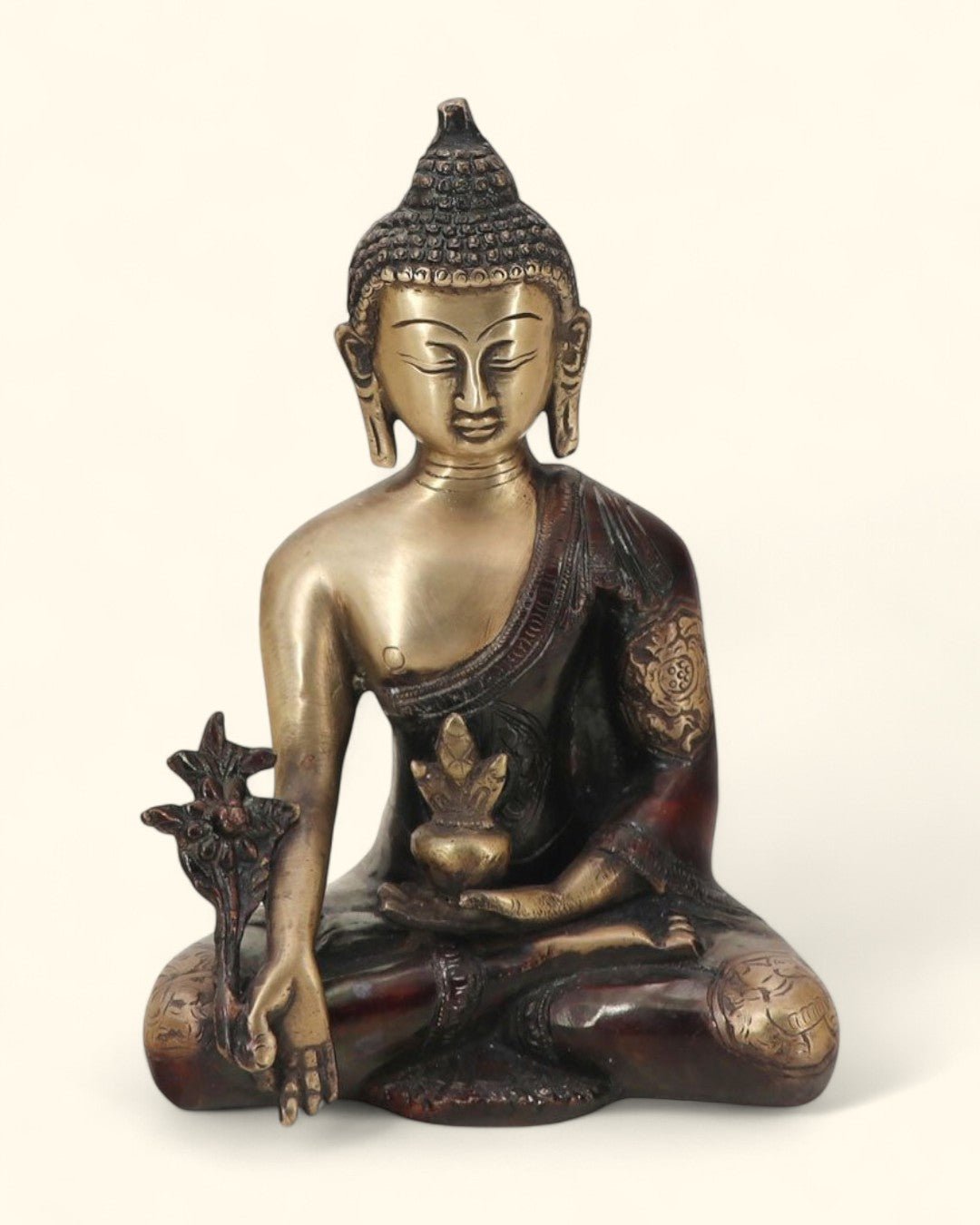 Medicine Buddha Statue in Brass With Intricate Design - Sculptures & Statues