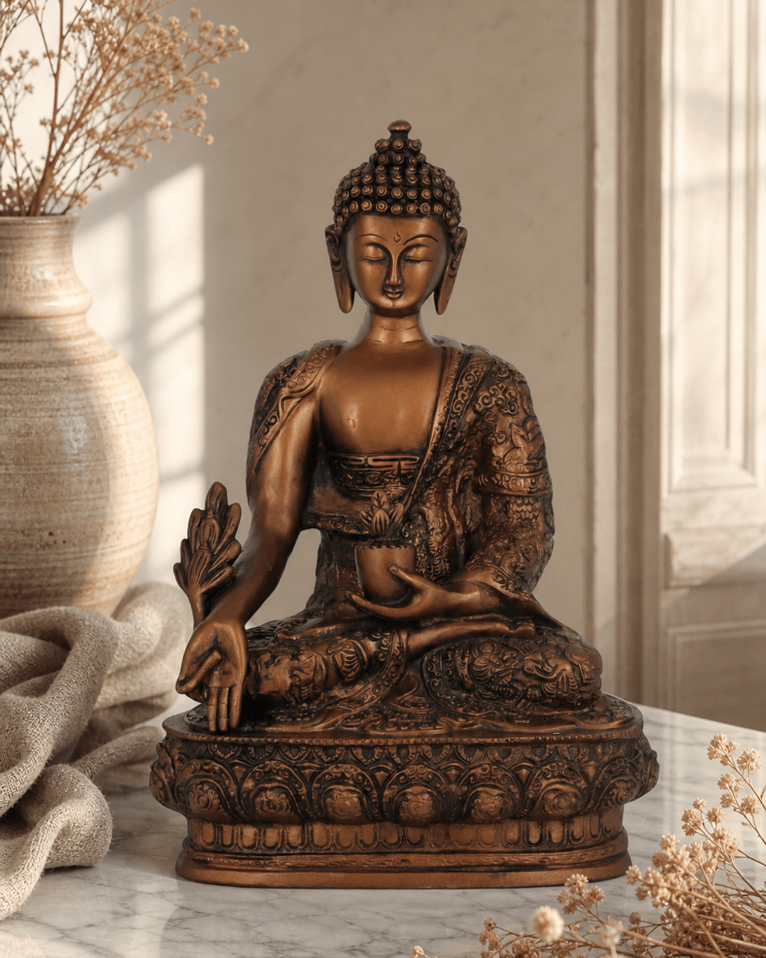 Bronze Medicine Buddha statue seated in meditation pose on white marble surface