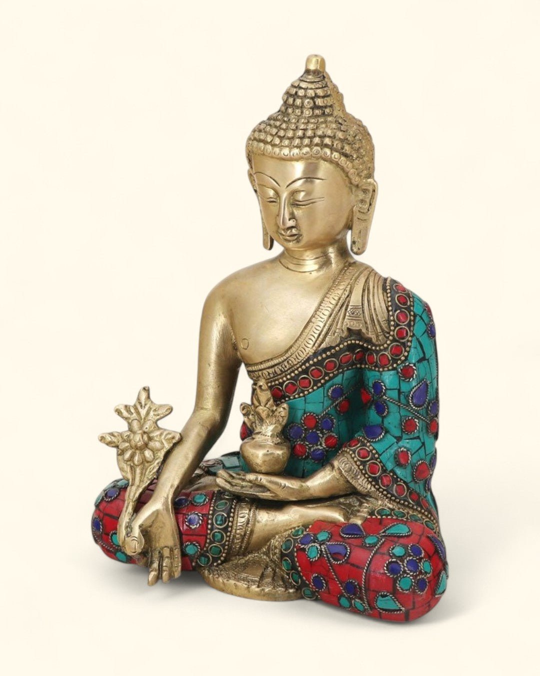 Medicine Buddha Statue in Red and Blue Artistic Brass Mosaic - Sculptures & Statues