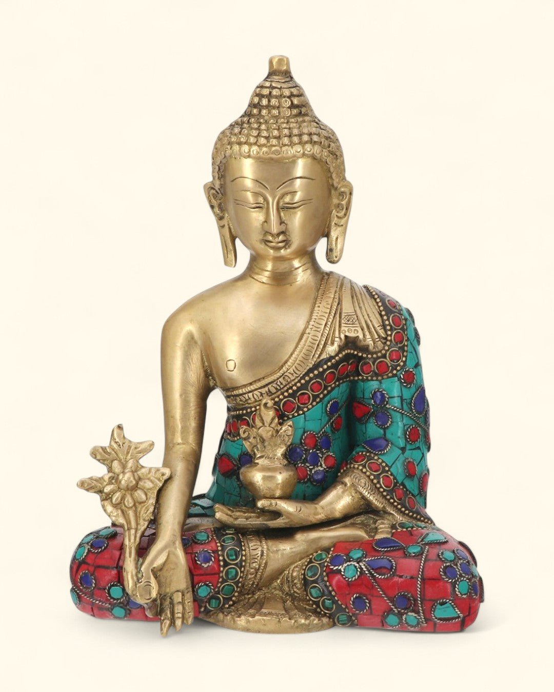 Medicine Buddha Statue in Red and Blue Artistic Brass Mosaic - Sculptures & Statues