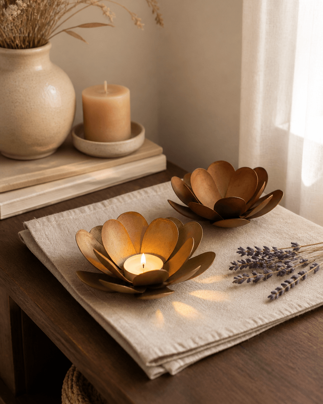 Metal Lotus Bloom Tealight Holder Duo – Handcrafted Copper & Bronze Flower Design - Candle Holders