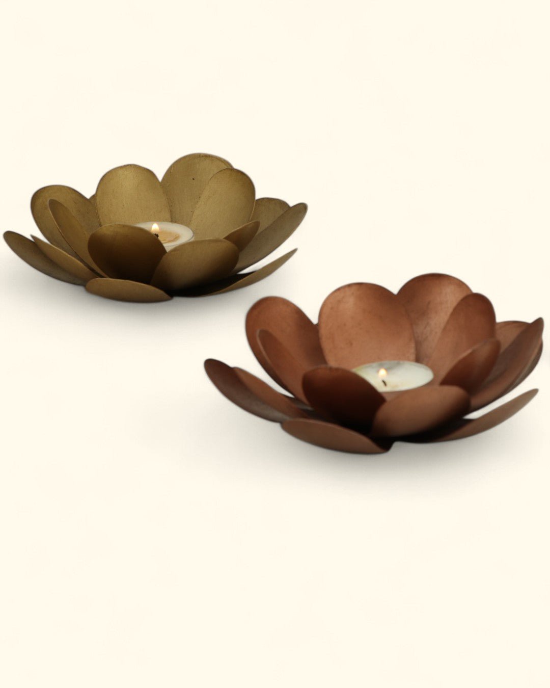 Metal Lotus Bloom Tealight Holder Duo – Handcrafted Copper & Bronze Flower Design - Candle Holders