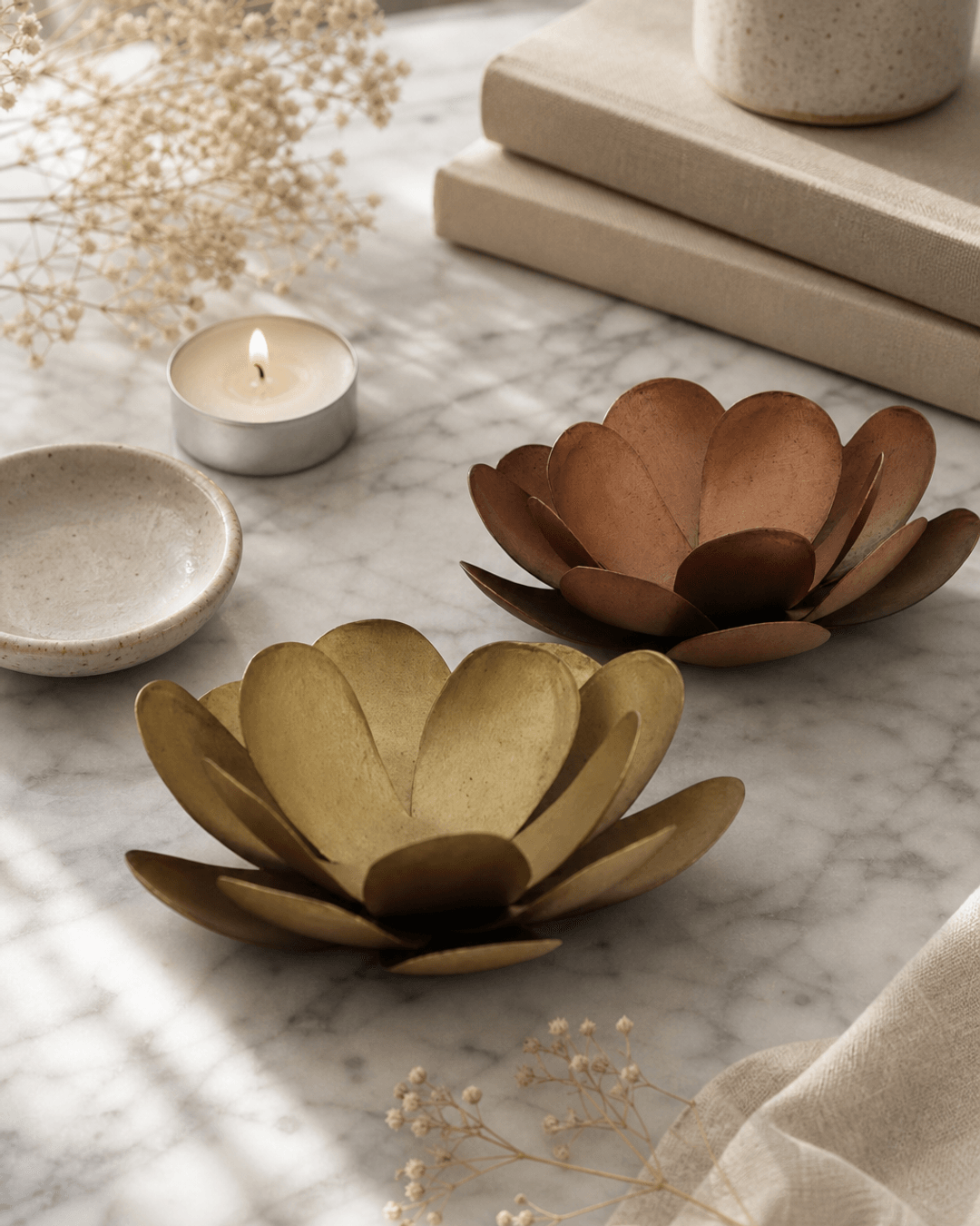 Metal Lotus Bloom Tealight Holder Duo – Handcrafted Copper & Bronze Flower Design - Candle Holders