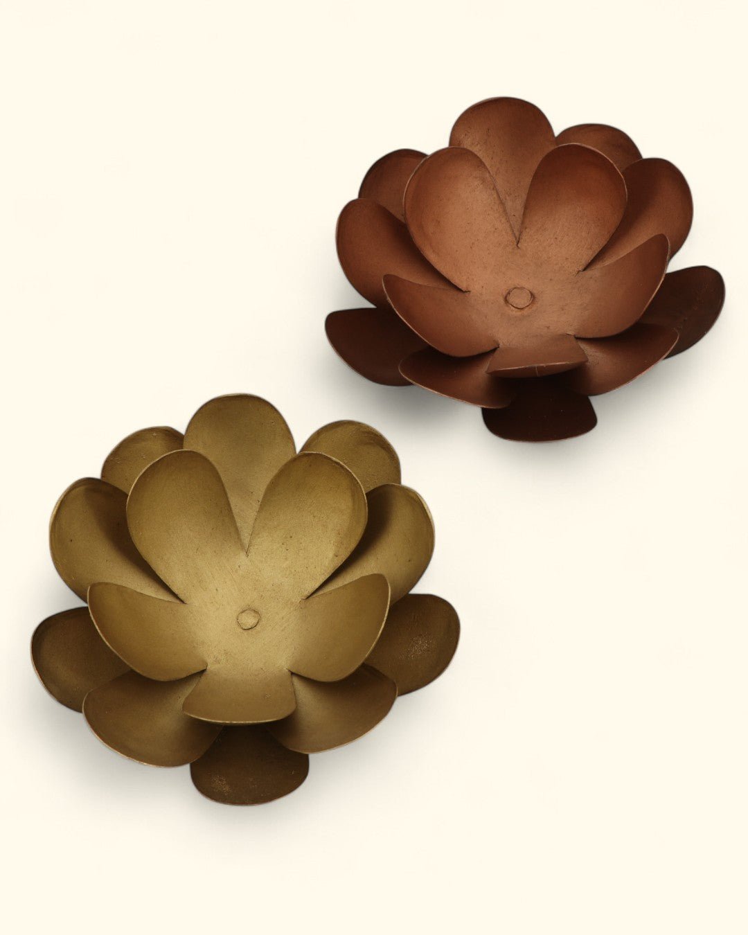 Metal Lotus Bloom Tealight Holder Duo – Handcrafted Copper & Bronze Flower Design - Candle Holders