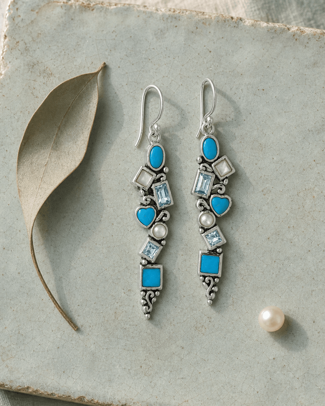 Mixed Geometry Turquoise, Blue Topaz, Mother of Pearl Sterling Silver Earrings - Earrings