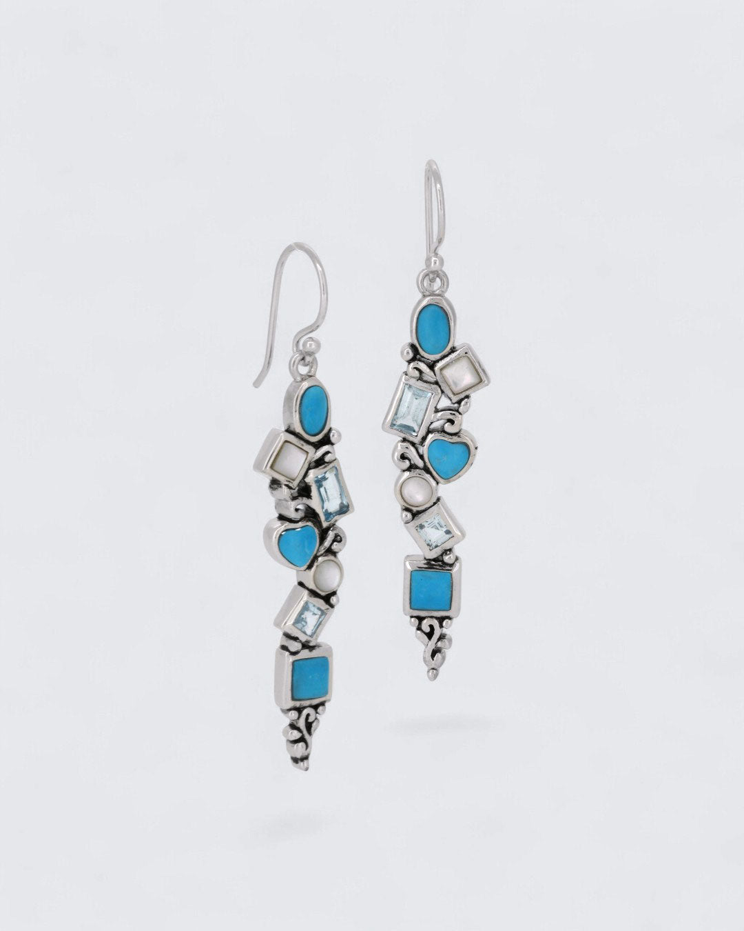 Mixed Geometry Turquoise, Blue Topaz, Mother of Pearl Sterling Silver Earrings - Earrings