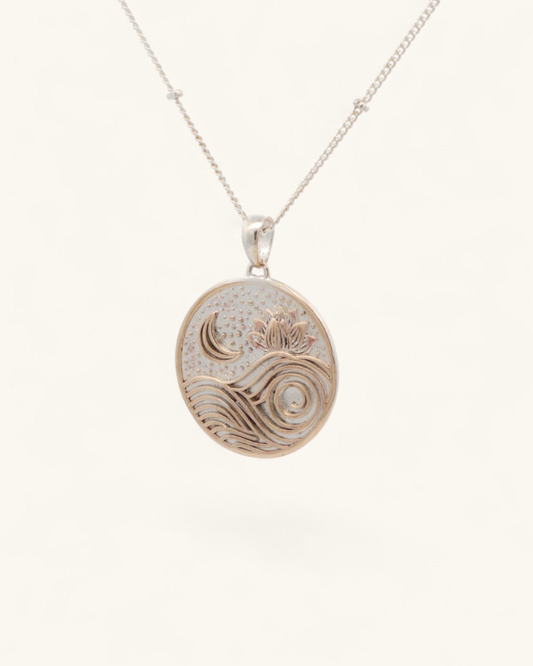Moon and Wave Lotus Pendant — Silver-Plated Bronze Celestial Charm with Engraved Mantra - Pendant