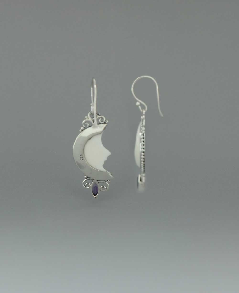 Moon Face Earrings – Sterling Silver Amethyst Accents, Hand - Carved in Bali - Earrings