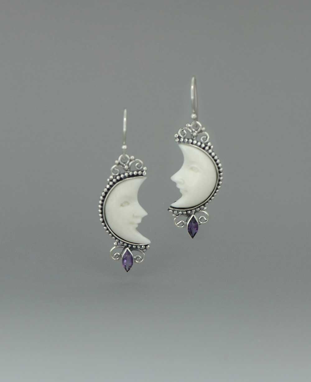 Moon Face Earrings – Sterling Silver Amethyst Accents, Hand - Carved in Bali - Earrings